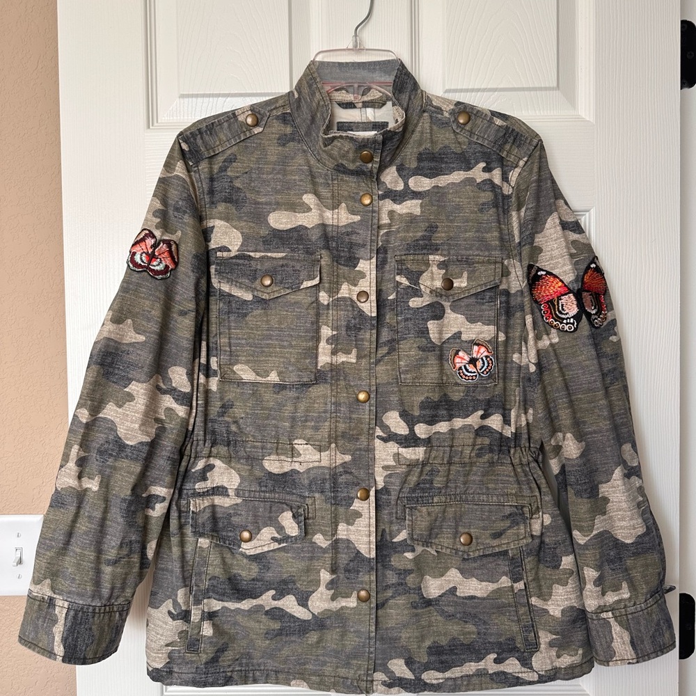 Camouflage Military Jacket with Embroidered Butterfly Patches